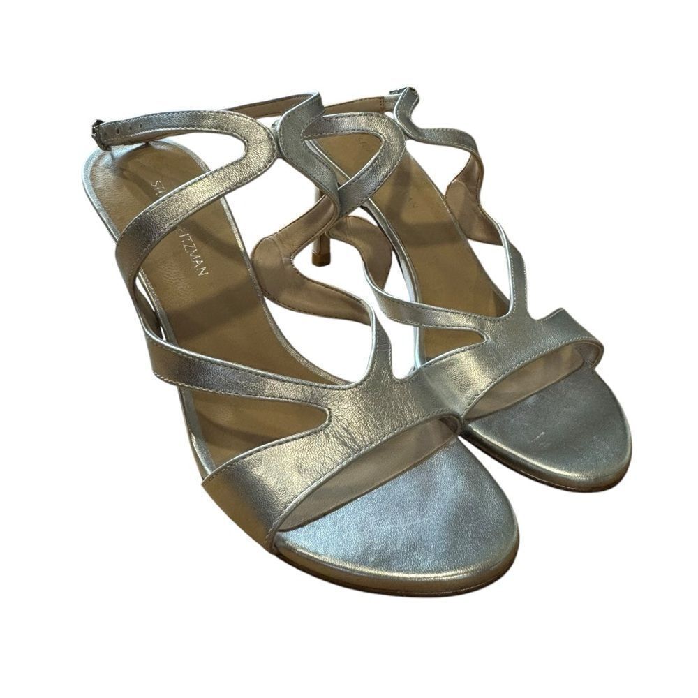 Revolve Stuart Weitzman Mariposa Silver Leather Sandals Heels NWOT - Picture 4 of 10